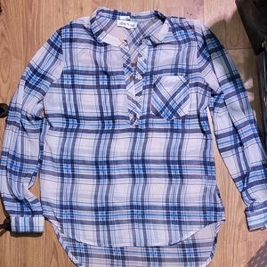 Olive & Oak Sheer Blue and White Tartan Print Button-Down Blouse S